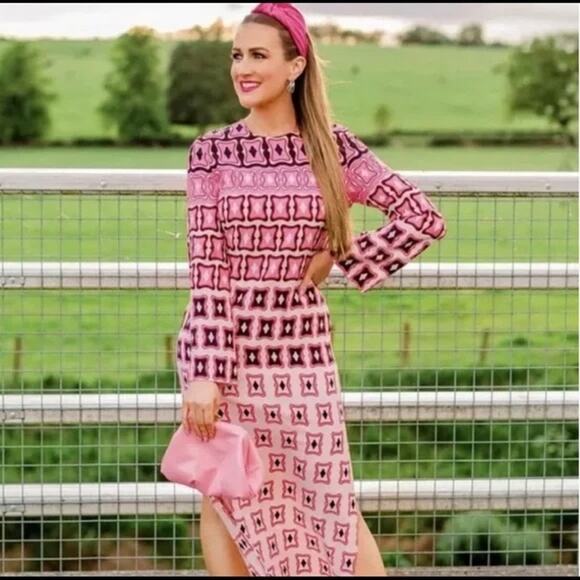 Zara Dresses & Skirts - Zara Pink Geometric Print Long Sleeve Resort Travel Vacation Maxi Dress XS NWT